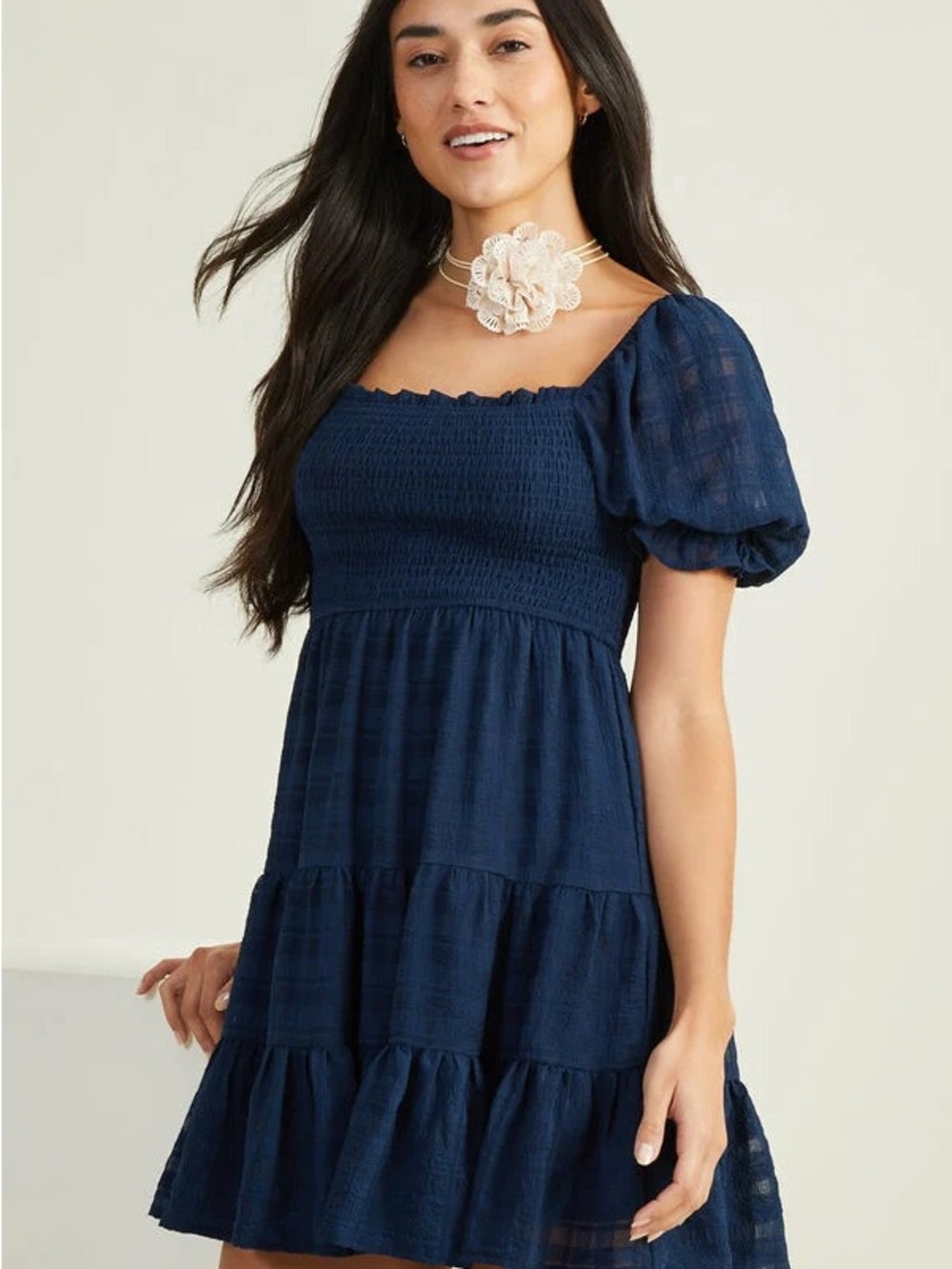 Altar'd State Clarisse Navy Smocked Tiered Puff-Sleeve Mini Dress